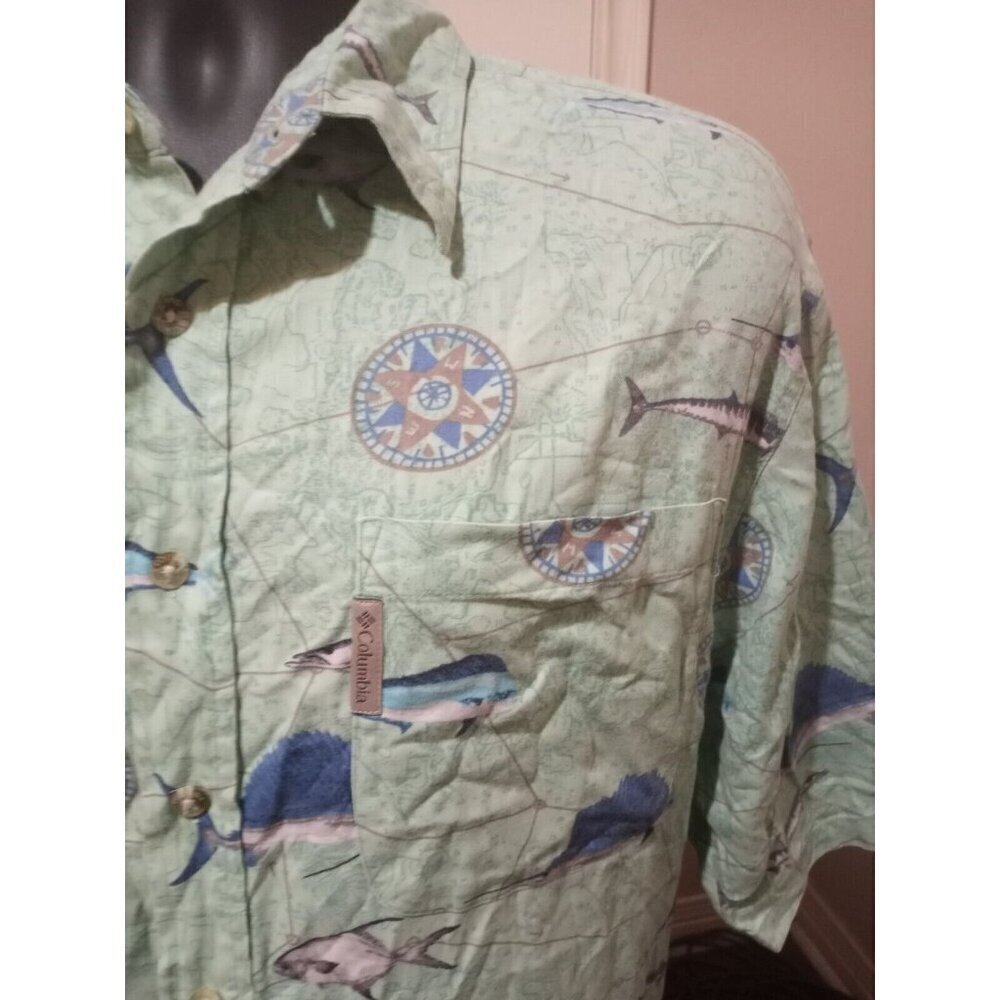 Columbia Mens Fish Graphic Print Green Button Down Short Sleeve Shirt Large L - Picture 6 of 12